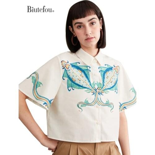 【Biutefou】Original Design 2021 Summer Women Short Strange Fish Print Cool Shirt