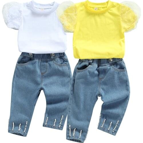 Citgeett Summer Kids Baby Girls Infant Outfits Polka Dot Mesh Puff Sleeve T-shirt + Denim Pants Jeans Clothes Set