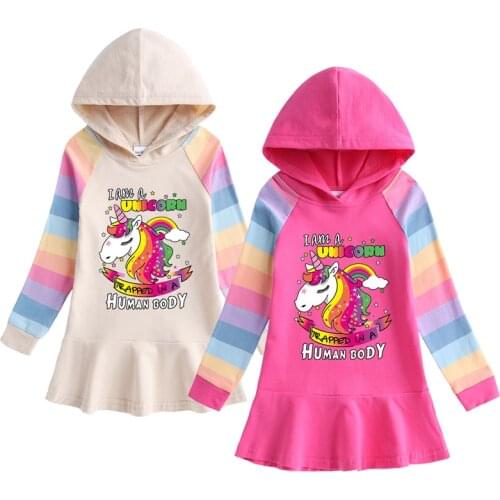 Autumn Girls Dress Cartoon Cute Unicorn Cotton Hooded Long Sleeves Baby Princess Dress Birthday Party Costume Kids Clothes 2-7 Y