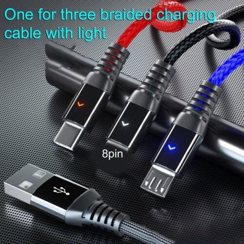 Data Charging Cord 3-in-1 Quick Charging Indicator Light USB 8-pin Type-C Charging Cable for Office