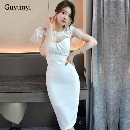 Elegant Party Dress 2021 Summer White Office Dress Sexy Lace Perspective Mesh Stitching High Waist Tight Dress Women