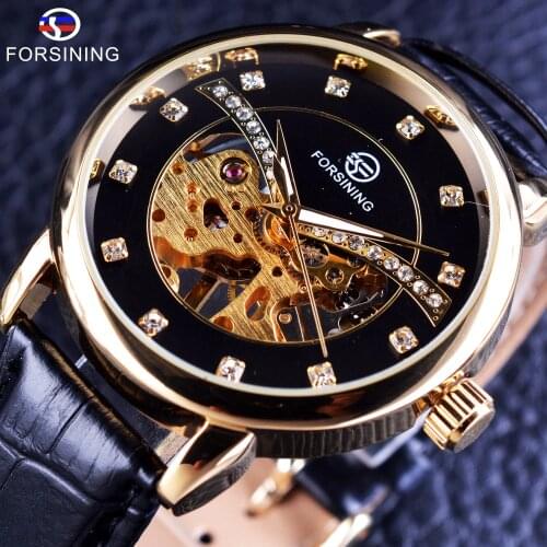 Forsining 2017 Fashion Transparent Diamond Display Golden Skeleton Movement Mens Watches Top Brand Luxury Mechanical Clock