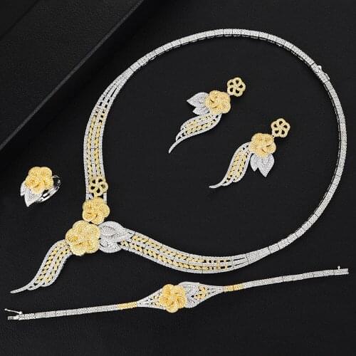 KellyBola Tassel Flower Leaf Luxury Women Nigerian Wedding Naija Bride Cubic Zirconia Necklace Dubai 4PCS Dress Jewelry Set