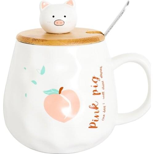 Girly Peach Coffee Mug with Cute Pig Wood Lid, Spoon, 400ml, Cartoon Ceramic Cappuccino Cup Frosted Tea Cup for Office Home