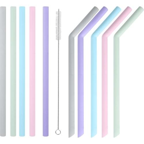 Kitchen Accessory Reusable Silicone Drinking Straws Foldable Flexible Straw with Cleaning Brushes Kids' Party Supplies Bar Tools