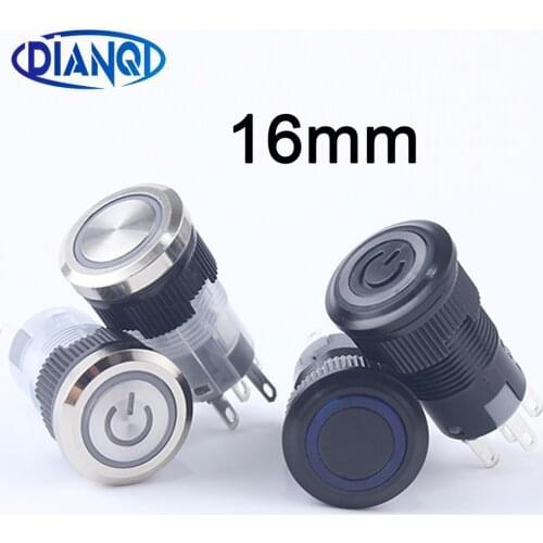 New 16mm Metal Push Button Switch Latching On Off Self-Reset Button Switches with LED Lamp Black Plastic 3-6V 12-24V 220V