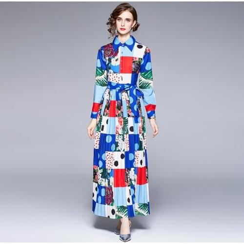 Long Sleeve Big Shirt Dress Long Printed Fashion Pleated Dress Ankle-Length Regular Bohemian Turn-down Collar Boho Dress 2021
