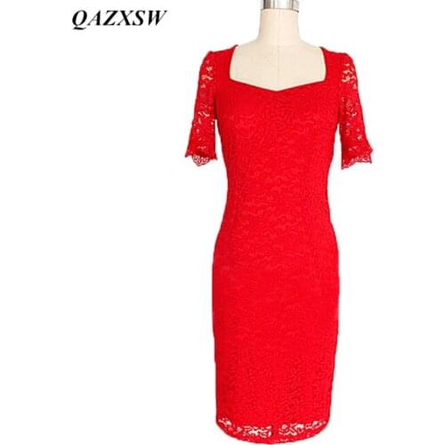 QAZXSW Womens Elegant Half Sleeve See Through Floral Lace Special Occasion Bodycon Formal Party Evening Lace Dress YX0083
