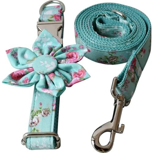 Flowers 08 Green Bottom Pink Rose Flowers Walking Training Dog Leash For Small Medium Large Dogs Handmade Flexible Pet Collar