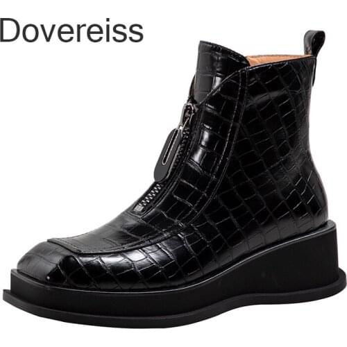 Dovereiss Fashion Womens Shoes Winter Genuine Leather Front Zipper Concise Square Toe Wedges Ankle Boots 33 40