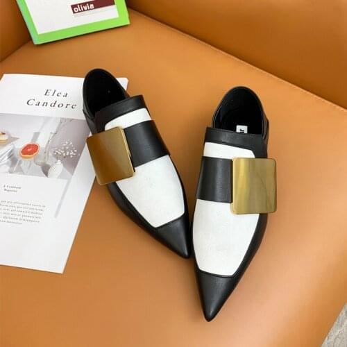 2021 Metal Square Buckle Designer Ladies Shoes Pointed Toe Flat Mules Summer Real Sheepskin Slip-on Women Shoes Loafers