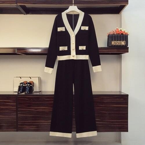 Women Fashion Suit 2021 Autumn New V-neck Coat Western Style Loose Leg Pants Contrast Color Knitted Two-piece Set clothing big