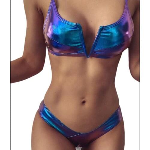 Women Sexy Brazilian Bikini Set Holographic Faux Leather Metallic Swimsuit Split V-Neck Colorful High Cut Bathing Suit