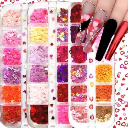 12 Grids Holographic Glitter Butterfly Nail Sequins Love Heart Design 3D Flakes Mixed Shape Nail Art Decorations Manicure