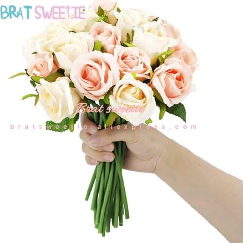 9pcs/lot Artificial Flowers Rose Bouquet Silk Plastic Fake Roses Flower Bridal Bouquet Home Birthday Party Wedding Decoration