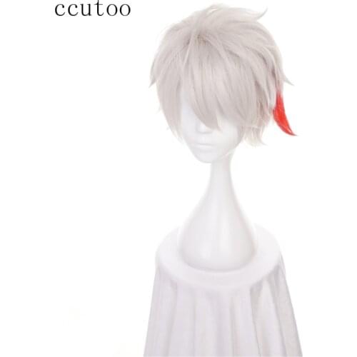 Ccutoo 30cm Silver White and Red Mix Short Fluffy Layered Synthetic Cosplay Hair Wigs Heat Resistance Costume Party Game Wigs