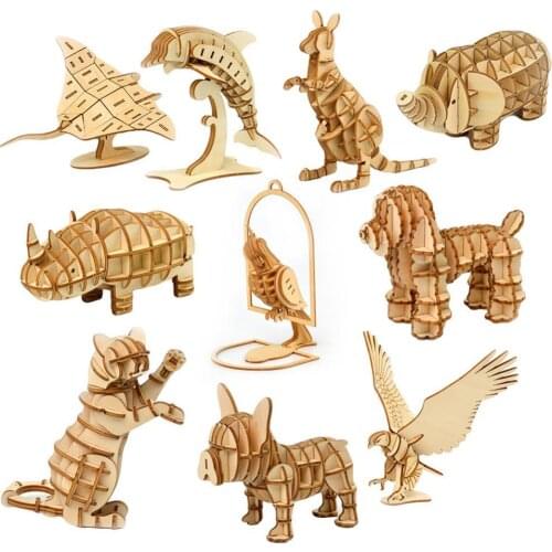 Wooden 3DIY Assemby Puzzles 3D Elephant Eagle Animal Model Educationa Children Toy Kids Gift