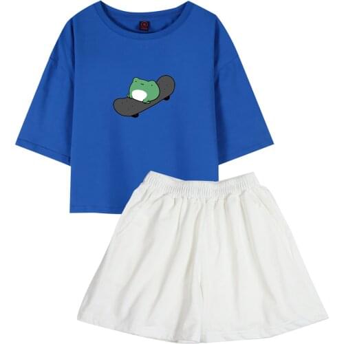 Summer Kawaii Frog Tops for Teens Girls Harajuku Blue T Shirts Women Cotton Short Pants Two Piece Set Fashion Casual Clothing