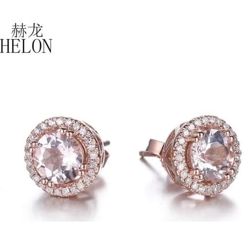 HELON Flawless 6mm Round Morganite Women Earring Solid 10k Rose Gold Pave Natural Diamond Halo Engagement Wedding Stud Earring
