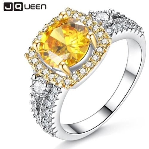 JQUEEN Yellow Stone-encrusted Double-layered Square Champagne Color Ring Women Wedding Ring Jewelry