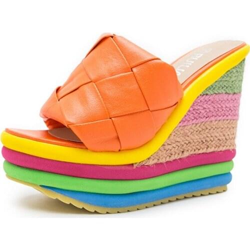 European Platform Sandals 13cm High Wedges Rainbow Hemp Rope Twine Fisherman Shoes Plus Size Peep-toe Mules Chunky Slippers