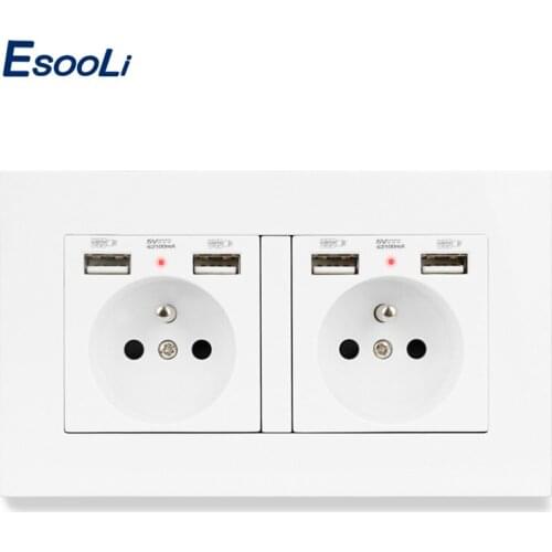 Esooli 2 Gang French Standard PC Plastic Panel Wall Socket with Charge Port Hidden Soft LED Indicator
