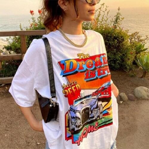 2021 New American Retro White Racing Short-sleeved Cotton T-shirt Female Tide Ins Summer Loose Large Size Female S-3xl