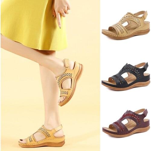 New Plus Size Women Retro Stitching Hollow Out Hook Loop Hand Made Wedges Sandals Vintage Style Summer Shoes