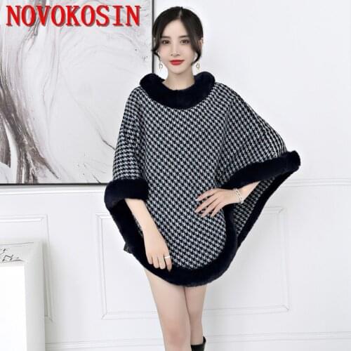 SC295 2019 Winter New Faux Fox Fur Cape Fashion Striped Ladies Poncho With Fur Sleeves Plus Size 210cm Womens Knitted Cardigan