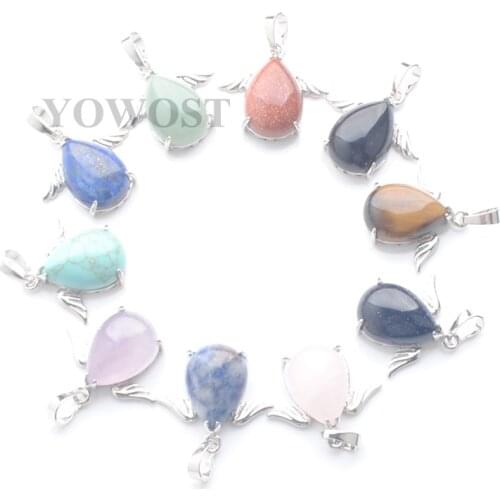 Wholesale 10pcs/lot Angel wings Pendants Natural Stone Teardrop Beads Suspension Pendant Sodalite Amethysts Crystal QBN414