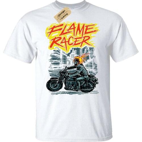 Flame Racer T-Shirt Mens biker skull motorcycle motorbike top white