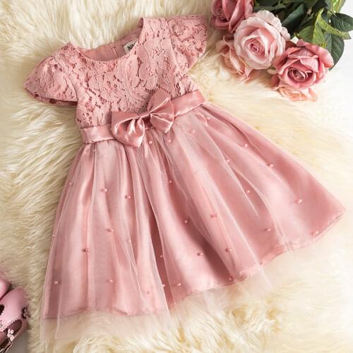 Baby Girls Dress for Summer Flower Lace Vestidos Wedding Party Kids Dresses for Girls Pearls Tulle Princess Childrens Dresses