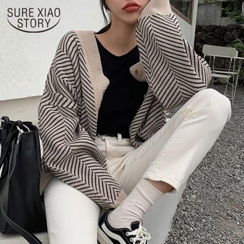 Casual Knitted Cardigan Oversize Button Front Contrast Stripe Cardigan Autumn Women Sweater Female Chic Fashion Clothing 12031