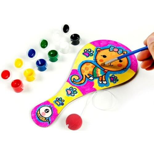R58E 9pcs/set Hand-painted Wooden Racket with Ball DIY Craft Cartoon Painting Graffiti Toy Kindergarten Kids Gift