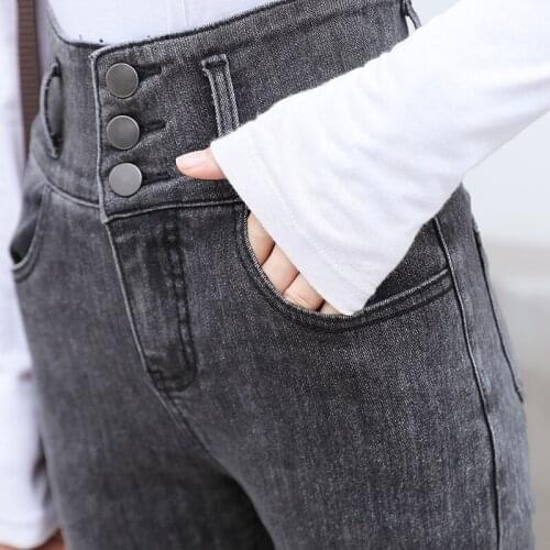 Stretch High Waist 3 buttons Jeans Plus Size Womens Skinny Jeans Woman Black Blue Gray Washed Pencil Pants Elastic Denim Pants