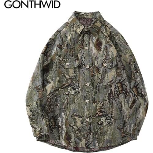 GONTHWID Harajuku Streetwear Shirts Coats Horse Painting Long Sleeve Shirt Jackets Hip Hop Fashion Casual Loose Button Tops
