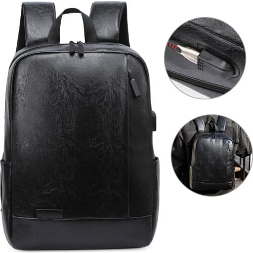 Mens PU Leather Waterproof Backpack USB Charging Lightness Laptop Black Back Bags male Outdoor Travel casual School Bagpacks