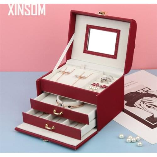 XINSOM Chinese Style Women Jewelry Box Three Layers High Capacity Jewelry Storage Box With Mirror Portable Travel Casket Case