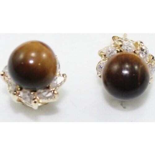 Womens fashion simple metal plated 10 mm Tiger Eye Stone Round Earrings