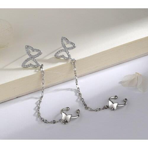 1 PCS 925 Sterling Silver Crystal Butterfly Tassel Ear Cuff Women Clip Earrings No Piercing Fashion Jewelry Prevent Allergy