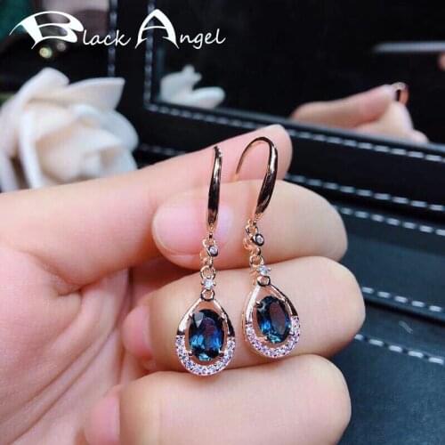 BLACK ANGEL Blue Topaz Hook Earrings For Women 925 Silver Crystal Gemstone Drop Earrings Jewelry Gift Wholesale