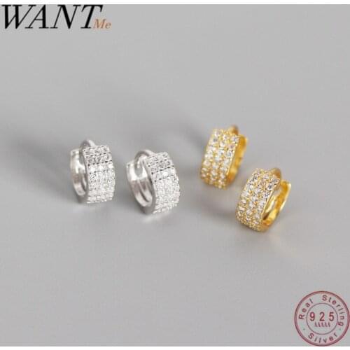WANTME Real 100% 925 Sterling Silver Minimalist Round Three Rows Pave Crystal Zircon Stud Earrings for Women Fine jewelry Gift