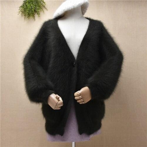 Female women winter thick hairy plush mink cashmere knitted long lantern sleeves loose v-neck cardigans angora fur jacket coat