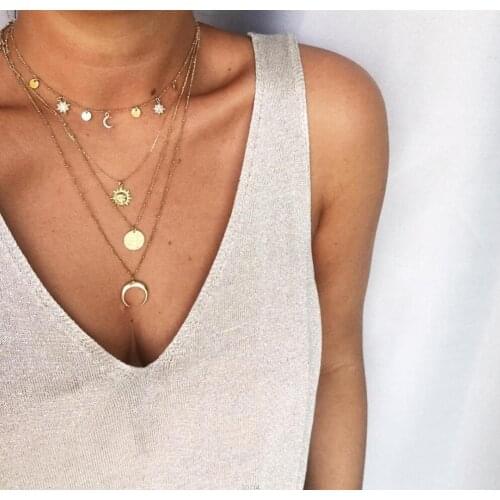 2020 Women Necklace Fashion Jewelry Long Gold Necklace Moon Horn Round Disc Bohemia Women Pendant Necklace New Arrival