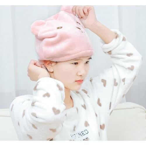 Cute Bear Cartoon Coral Fleece Hair Turban Shower Hat Quickly Dry Bathing Cap Bathroom Accessories