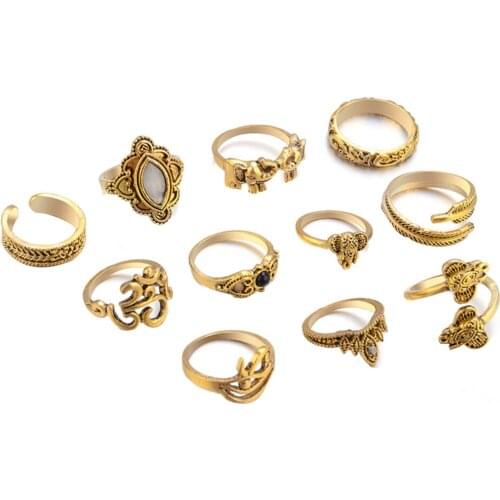 11 Pcs /set Bohemia Antique Elephant Ring Vintage Crown Leaf Carved Jewelry Trendy Knuckle Finger Midi Ring for Women Jewelry