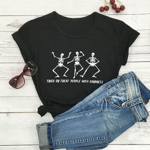 Trick Or Treat People With Kindness Skeleton Print 100%Cotton Women Tshirt Halloween Shirt Unisex Funny Casual Short Sleeve Top