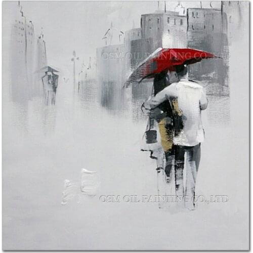 Artist Handmade High Quality Grey Silver Art Oil Painting on Canvas Abstract Oil Painting Lover Under Red Unbrella Oil Painting