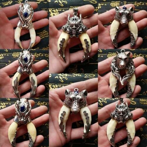 China Vintage Tibetan Silver Inlaid Natural Stone Amulet Mens Couple Pendant/Braided Rope Necklace Wolf Teeth Pendant Gift /1