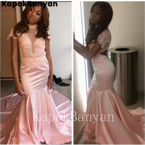 Lace High Neck Short Sleeves Mermaid Prom Dresses Zipper Pink Satin Long Evening Gown